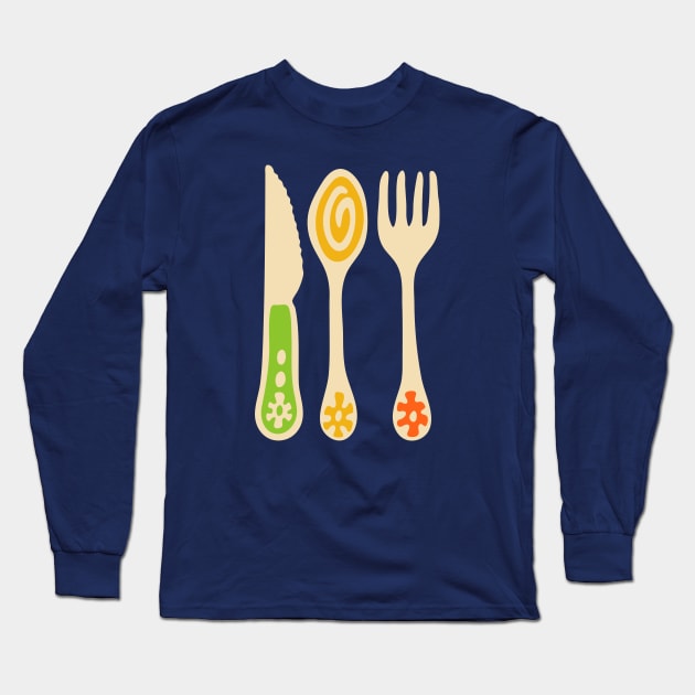 CUTLERY Retro Vintage Kitchen Utensils Knife Spoon Fork in Yellow Orange and Green - UnBlink Studio by Jackie Tahara Long Sleeve T-Shirt by UnBlink Studio by Jackie Tahara